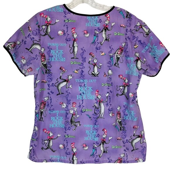 Dr Seuss Scrub Top Size M Cat In Hat Rock Mock Wrap Healthcare EVS Work Uniform - Picture 2 of 15
